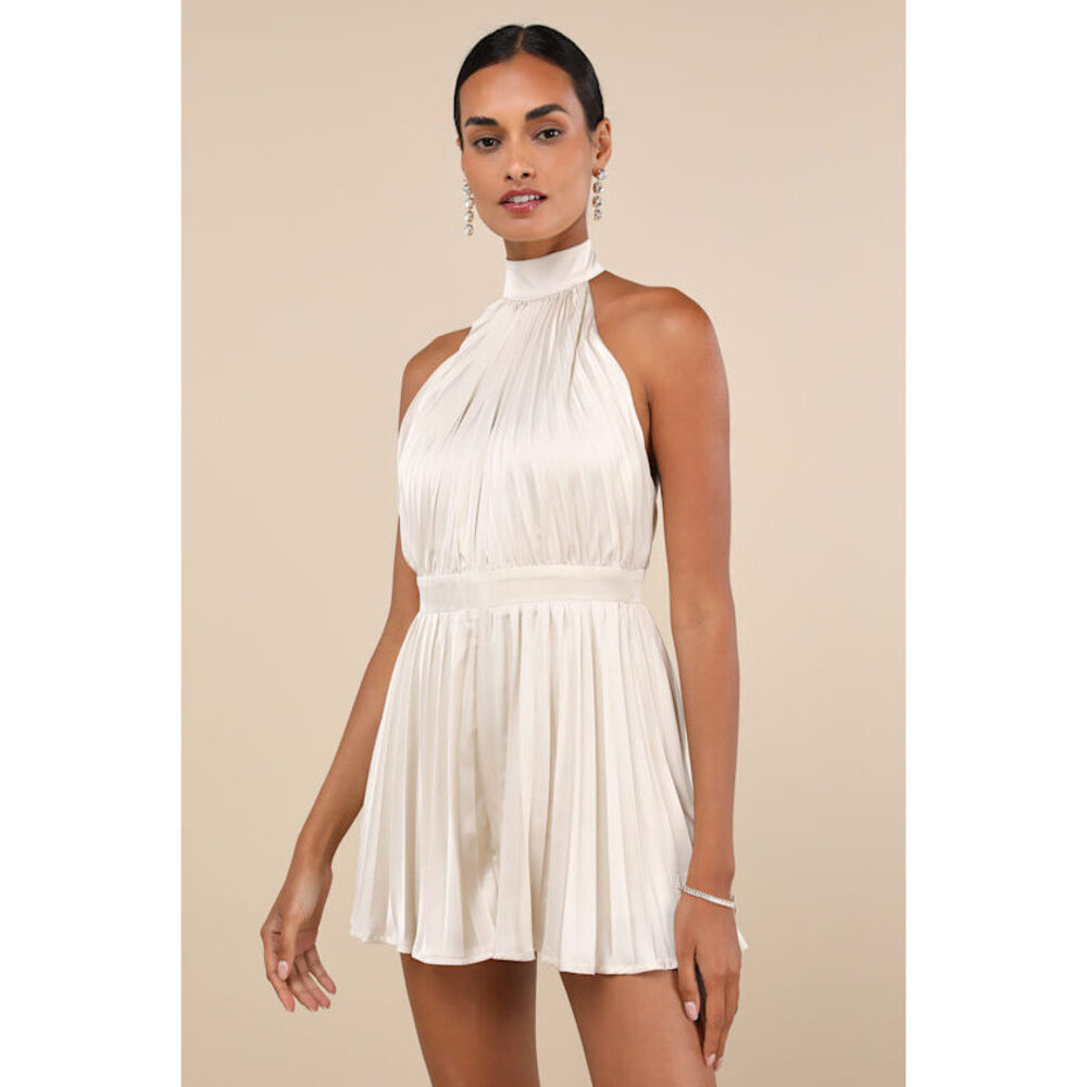 Lulus Cream Satin Pleated Romper Medium